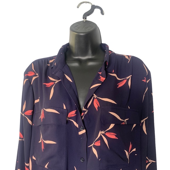 Ann Taylor Sheer Navy Collared Pink Floral Print - Picture 3 of 7